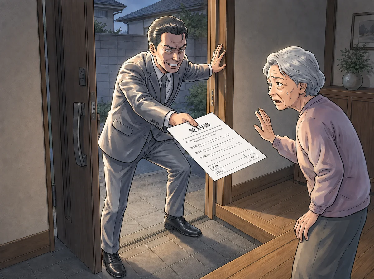 住宅の玄関で契約を迫る業者と、困って断る高齢の女性