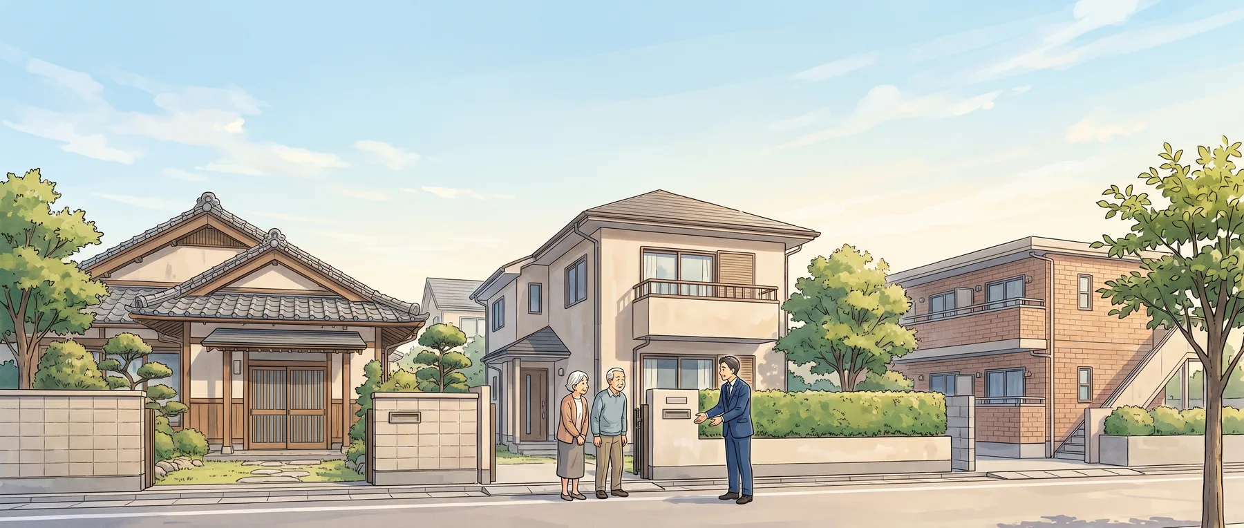 家々が並ぶ住宅街と、住まいの相談を受けるスタッフ