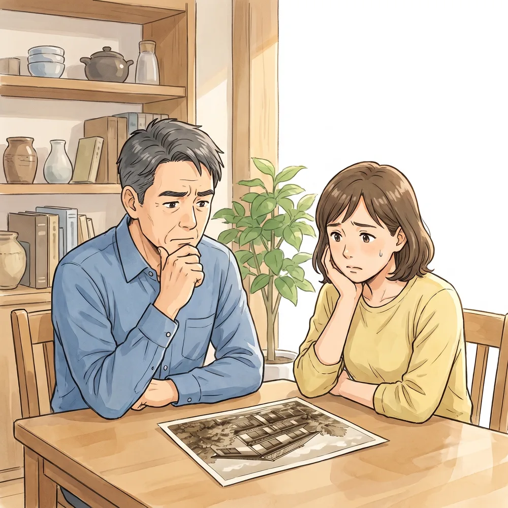 実家の写真を前に悩む夫婦