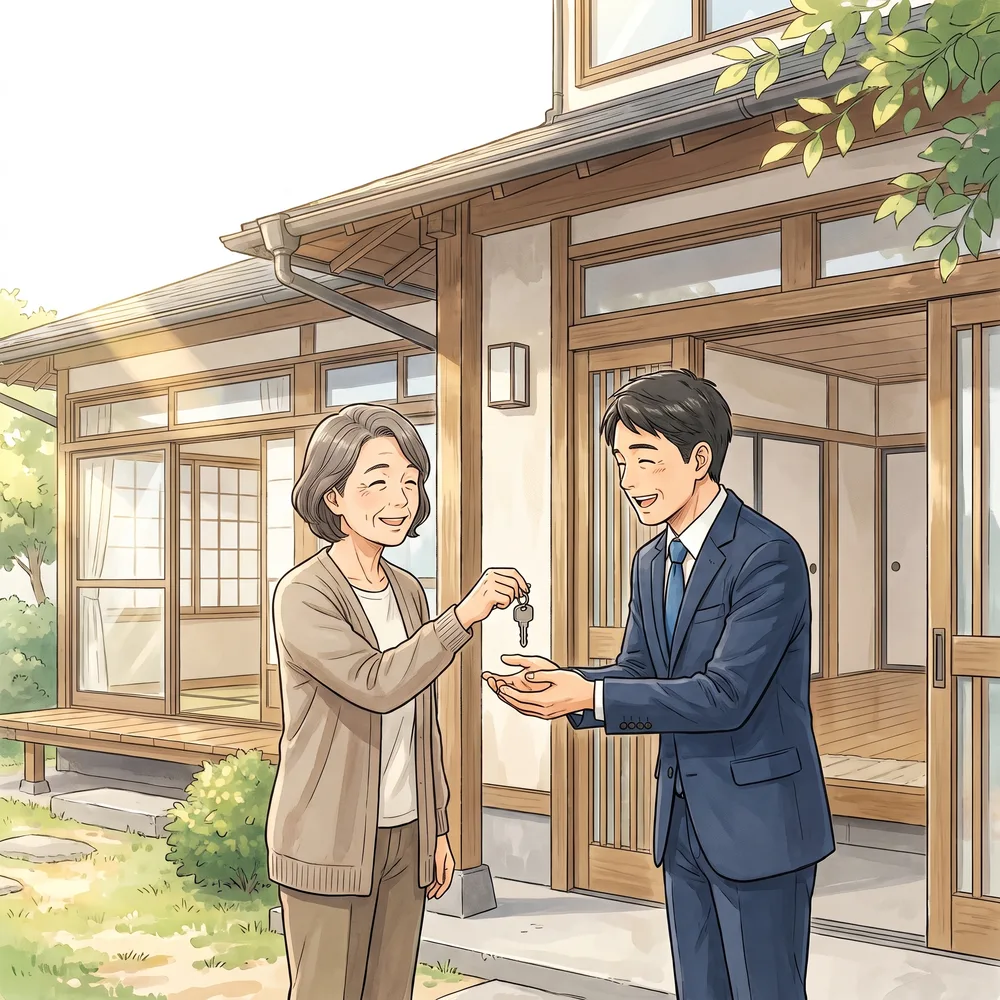 鍵を渡して取引が完了する様子