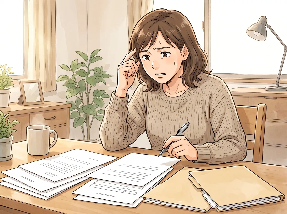書類を前に困った表情の女性