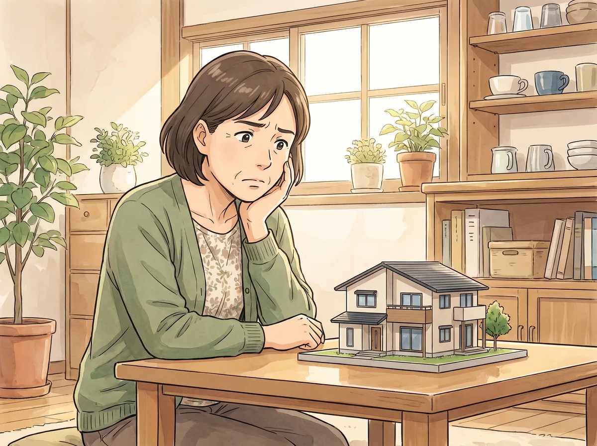 家の模型を前に迷う女性